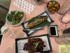 2nd round of Favourites menu (2 persons): bok choy, eggplant, Szechuan potatoes and Tempeh katsu at Veganees in Amsterdam