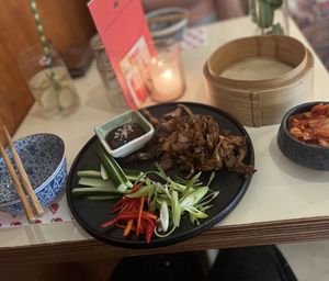 Ginger Soda (€4,90), Peking Pancakes (€19,00) and Kimchi (€4,00)🥢  at Veganees in Amsterdam
