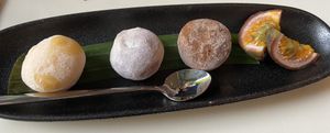 Mochi: yuzu, passion fruit and chocolate. Yuzu was my fave, but chocolate was very good as well.  at Veganees in Amsterdam
