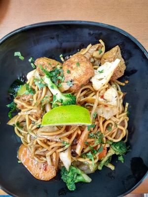 Black bean noodles with tofu at Vegan Fusion in North London