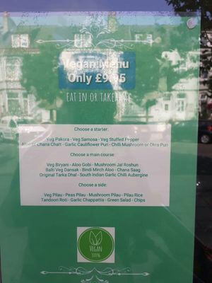 Vegan menu at Indian Brasserie in South Shields