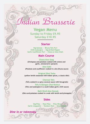 New Vegan Menu  at Indian Brasserie in South Shields