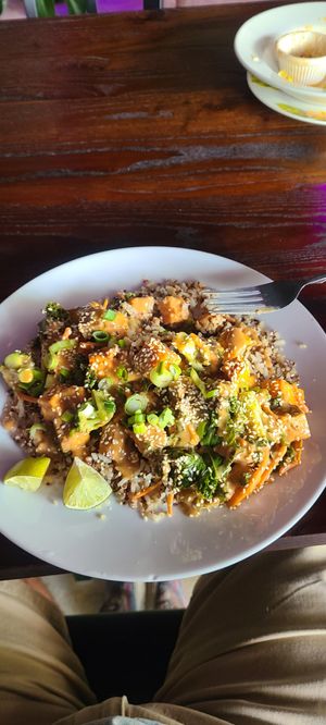 Tofu Grain Bowl. Portion was great, sweet potatoes were perfectly done, and the peanut sauce was delicious. Good price too. Will definitely be back! at Pauseitively Vegan in Deerfield Beach