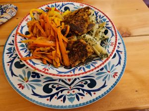 Veggie bowl with falafel, caramelised carrots, pesto pasta and mango ceviche at Vegan & Veggie in Medellin