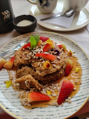 Round 2, banana pancakes  at Vegan & Veggie in Medellin