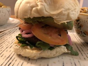 Burger with lentil patty   at Vegan & Veggie in Medellin