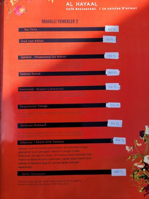 Menu at Al Hayaal in Mardin