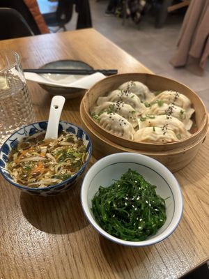 Broth, wakame, dumplings  at Dim Sum Spot Palackého in Prague