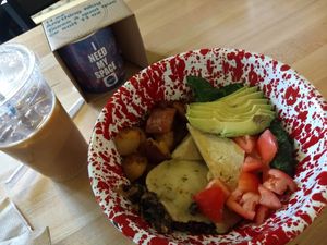 Pullman bowl : spinach, tofu, avocado, beans, tomato, potato, vegan cheese at Cushman Market and Cafe in Amherst