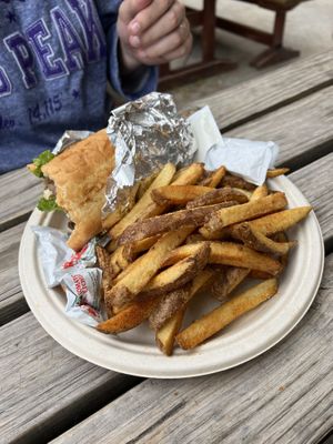Mushroom po boy with fries   at 1874 Food Truck in Del Norte