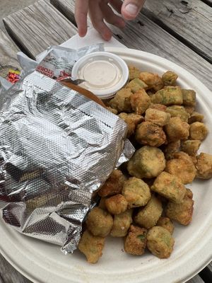 Boca burger with fried okra   at 1874 Food Truck in Del Norte