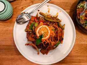 Gebratener vegane Schweinebauch (Freid vegan pork belly) at The Butterfly Lovers at The Butterfly Lovers in Berlin