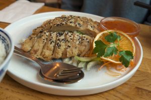 Deep fried vegan duck on mixed veggies at The Butterfly Lovers in Berlin
