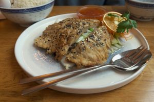 Deep fried vegan duck on mixed veggies at The Butterfly Lovers in Berlin