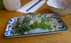 Water spinach on glass noodles at The Butterfly Lovers in Berlin