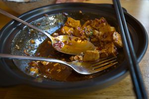 Mapo tofu with vegan minced meat almost done at The Butterfly Lovers in Berlin