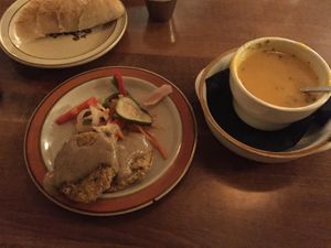 The ginger, carrot coconut soup is very taste but use it to dip your bread into for the most luscious starter    at The Floridian in St Augustine