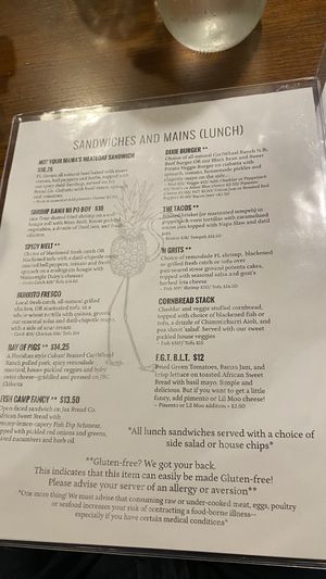 Menu lunch sept 2023  at The Floridian in St Augustine