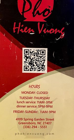 Front of menu  at Pho Hien Vuong in Greensboro