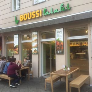 outside at Boussi Falafel in Berlin