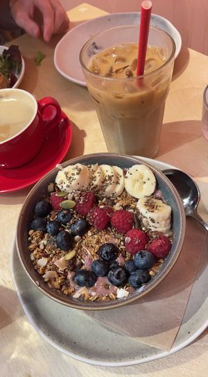 vegan granola and oat iced latte   at Laughing Dog in Brighton