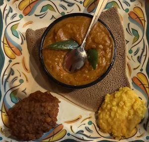 Pea stew with two sides--spicy lentils and split yellow peas at Abyssinia in Memphis