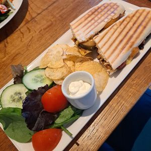 Roasted veg panini (on the specials board). Swapped halloumi for vegan cheese at The Stur Of The Moment in Sturminster Newton