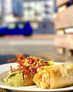 Summery Cous Cous and dried tomato salad and stuffed filo pastry roll with home-made guaca-no!-le at Mairübe in Luzern