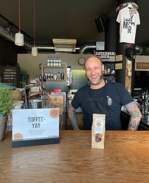 A happy owner and chef because we are now selling the hand-made toffee-yay pralines by our neighbours save foods! at Mairübe in Luzern