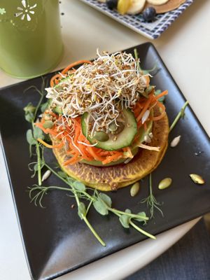 Savoury chickpea flour pancakes with guacamole and veggies   at REVIV in Malaga