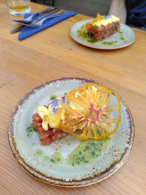 1st course: Fake tartare with vadouvan mayonnaise and parsley oil at De Nieuwe Kantine in Arnhem