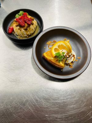 Parfait, lotus cookies, Licor 43 horchata, raspberry, caramel sauce.
Orange cake, thyme whipped cream and almonds. at De Nieuwe Kantine in Arnhem