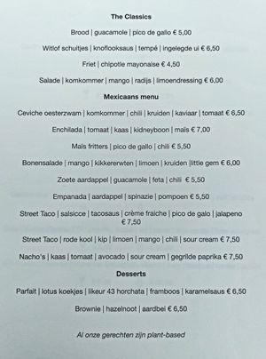 Menu at De Nieuwe Kantine in Arnhem