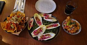 Nacho's, witlofbootjes met tempeh en maïskoekjes at De Nieuwe Kantine in Arnhem