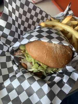 California smash burger meal with fries and a diet coke  at Vegan Junk Food in Portland