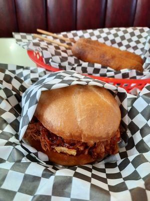 BBQ jackfruit pulled-pork-style sandwich, state fair batter vegan corndogs at Vegan Junk Food in Portland