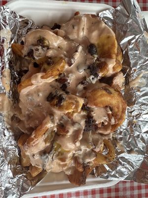 Loaded potato fries with crispy vegan bacon, caramelized onions, and thousand island sauce.  at The Wagon in Portland