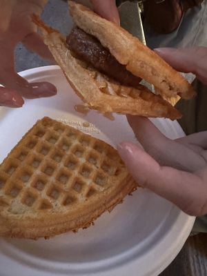 Vegan & gluten free waffle w sausage   at Hawthorne Asylum Food Truck Pod in Portland