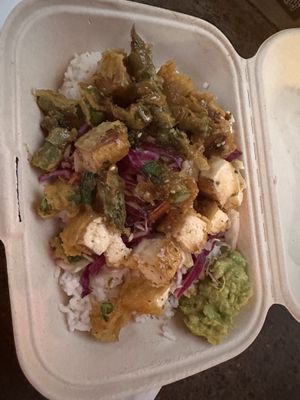 Tempura tofu and asparagus poke bowl   at Hawthorne Asylum Food Truck Pod in Portland