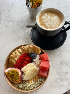 Able to grab a coconut yoghurt and fruit bowl from Nectar and a soya latte from Nicha’s coffee shop next door 😍 dreamy breakfast! at Nectar in Port Douglas