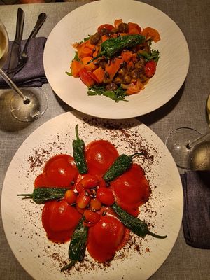 Ravioli filled with Hummus & purple Gnocchi with Pumpkin at Casito Mediterraneo in Gran Canaria