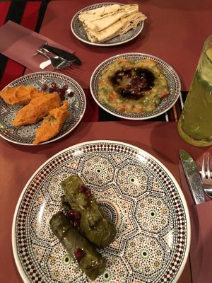 Kibbeh net, Syrian bread, baba ganoush, warak anib, lemon mint juice  at Sha'aam in Valkenburg