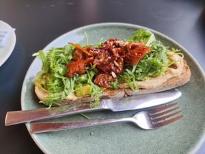 Avocado/Hummus toast (order without pesto = vegan) at Fusion Café y Panaderia in San Sebastian