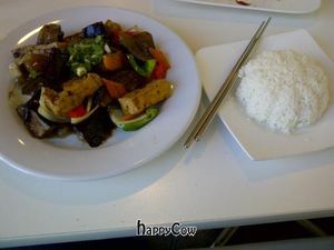 Eggplant in Black Bean Sauce, with side of rice and Lentil Soup
http://vegan-bananas.blogspot.ca/2013/02/vegan-restaurant-loving-hut-toronto.html at Loving Hut - Spadina Ave in Toronto