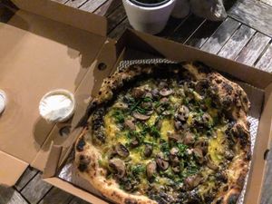 Truffle mushroom pizza with aioli at Slow Rise Pizza in Lincoln