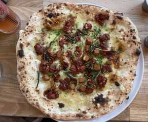Smoky pizza and fragola lemonade  at Slow Rise Pizza in Lincoln