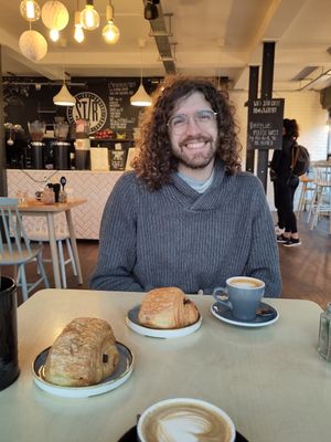 Oat flat white, oat mocha and two giant pain au chocolats at Stir - Chesterton in Cambridge