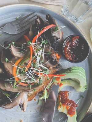 Truffle mushroom toast with added avocado and tasty chilli jam (available to buy at the bakery next door if you want some to take home).  at Stir - Chesterton in Cambridge