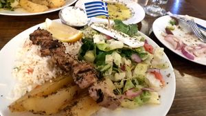 Vegan chicken brochette plate at Eviva Taverne Grecque in Dollard-des-ormeaux