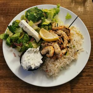 vegan shrimp skewers (2) at Eviva Taverne Grecque in Dollard-des-ormeaux